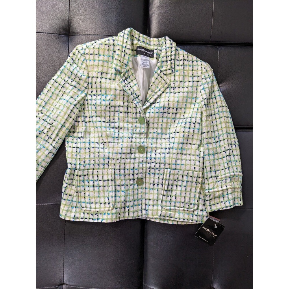 NWT Sag Harbor Women's White Blue Green Tweed Jacket Button Up S Petite